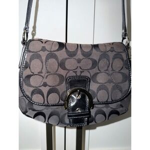 Coach Signature Jacquard Crossbody Bag Black Grey Buckle Flap Small Purse